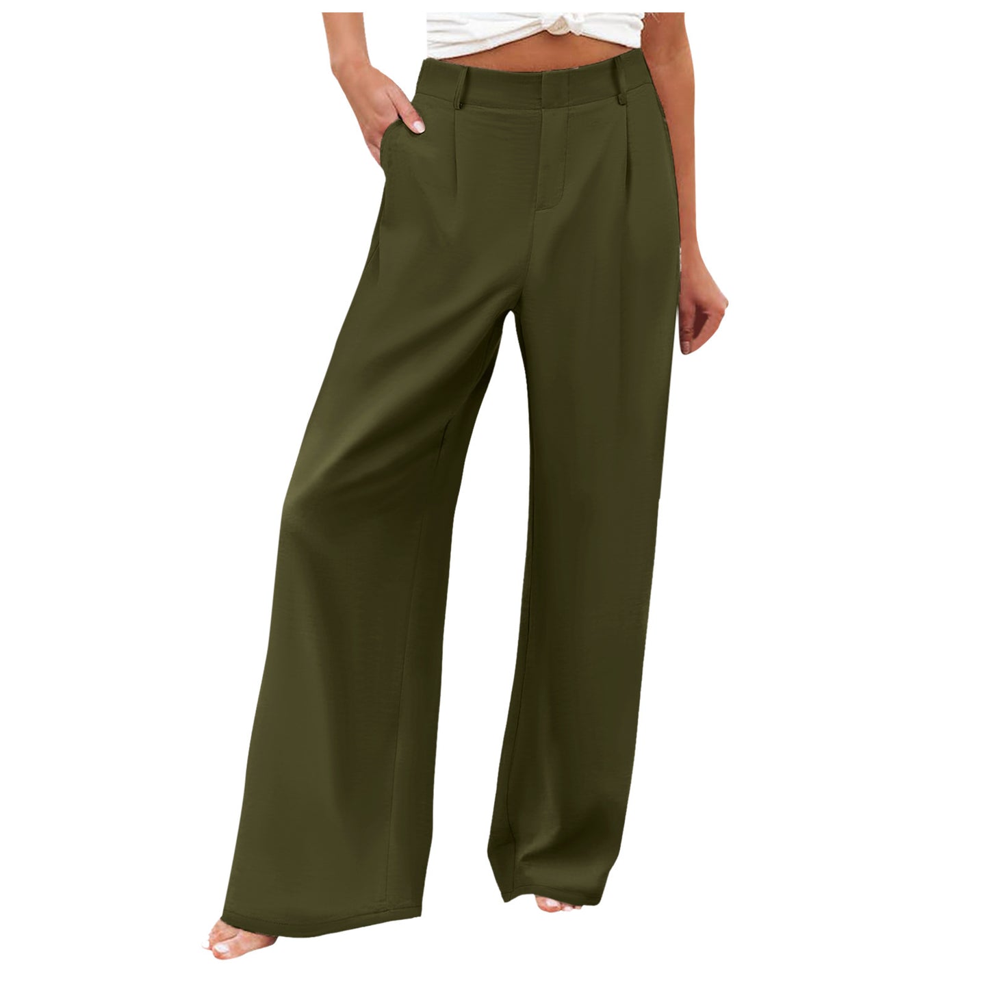 Womens Summer Fashion Loose Solid-color High-waisted Casual Pants Straight-leg Trousers