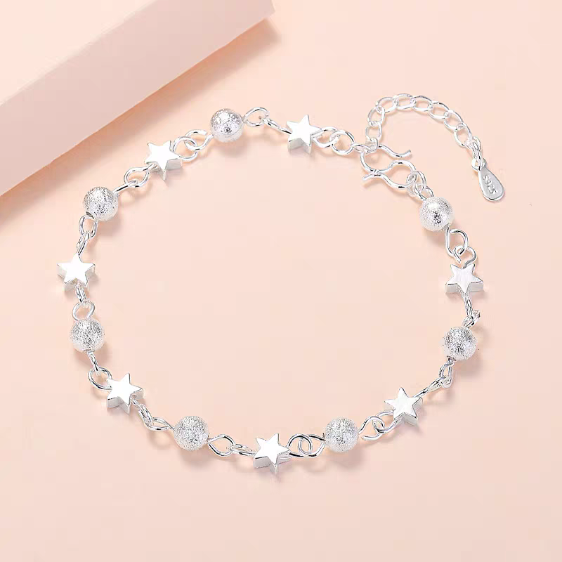 1pc 999 Sterling Silver Star & Frosted Bead Bracelet, Sweet Minimalist Style, Perfect For Daily Wear And Valentine's Gift