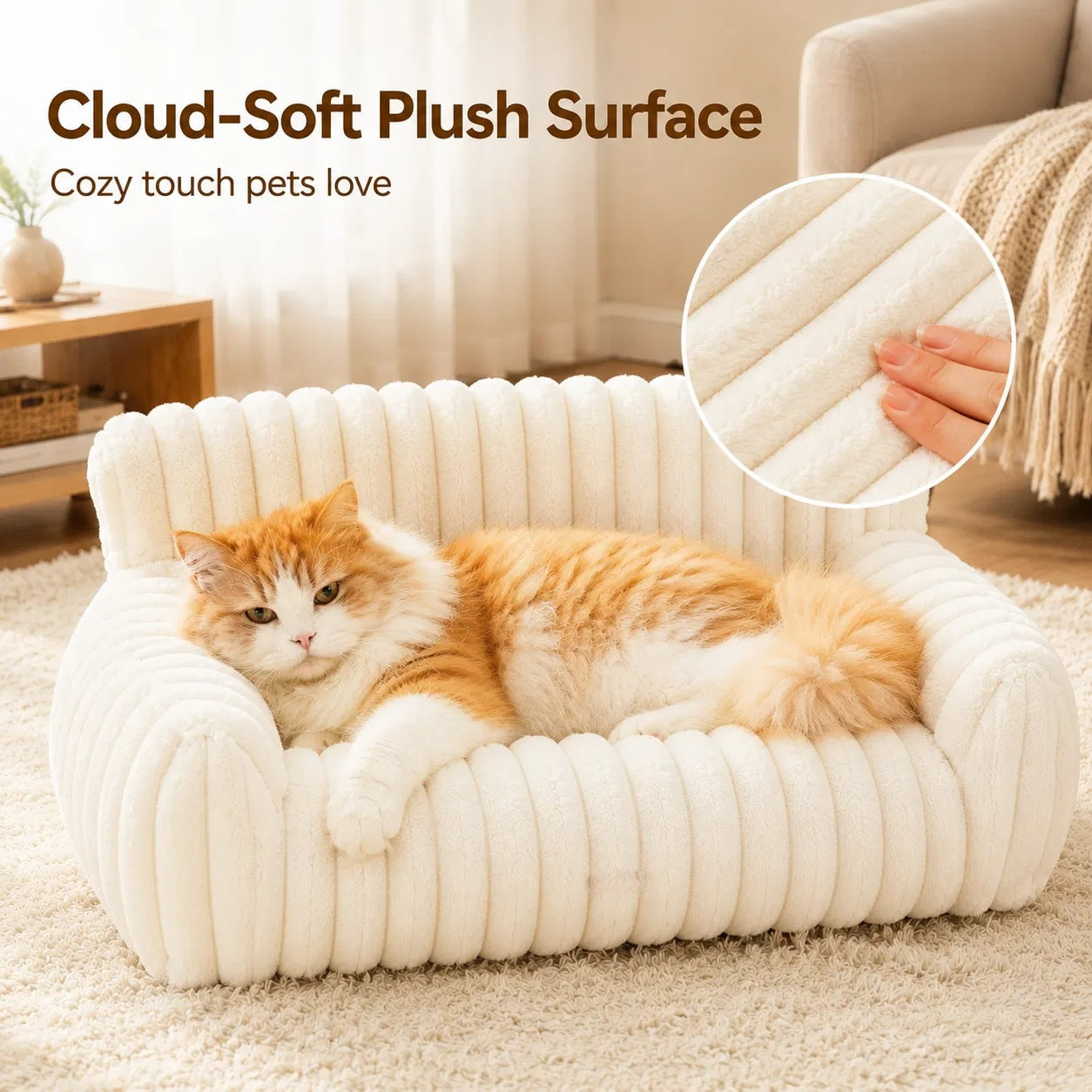 Cute Cat Couch For Pets - Fluffy Cat Beds With Premium Soft Corduroy Fleece, Fuzzy Cats Beds For Indoor Cats With Removable Washable Cover, Supportive Pet Sofa