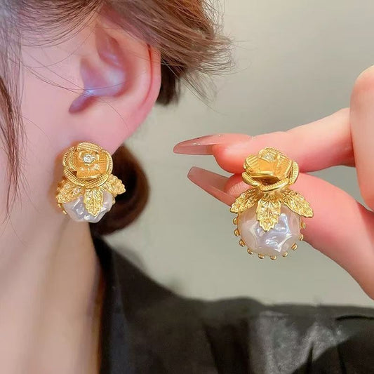 Rhinestone Floral Irregular Pearl Earrings, Elegant Compact Studs, Vintage French Light Luxury Fashion Ear Jewelry For Women