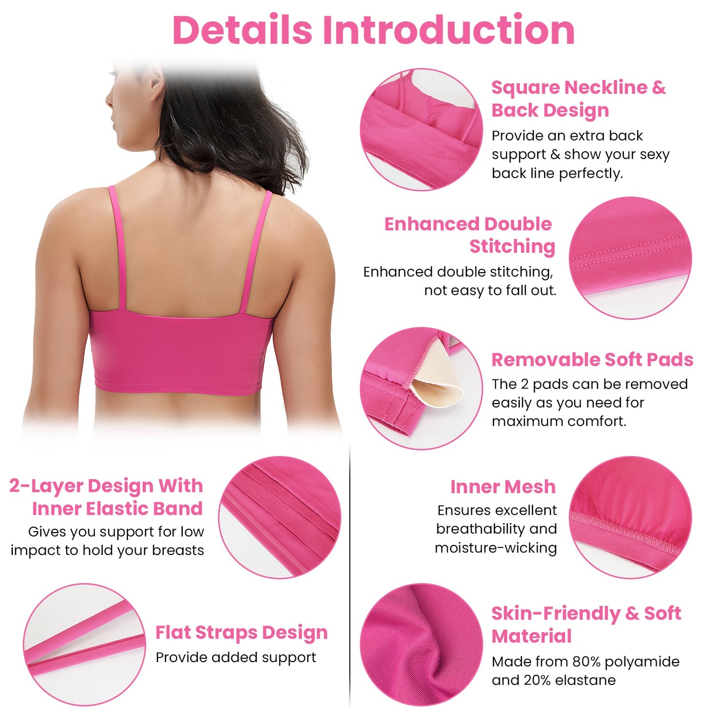 1Pc Women Strap Sport Bras Padded Strappy Crop Square Neck Low Impact Bras Sexy Fitness Tank Tops With Removable Pads Flat Straps For Gym Yoga Workout Running