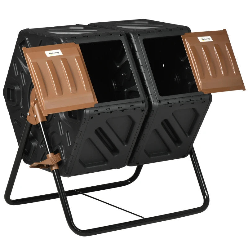 Dual Chamber Compost Tumbler Bin, Outdoor Tumbling Composter With 24 Ventilation Openings And Steel Legs, 34.5 Gallon
