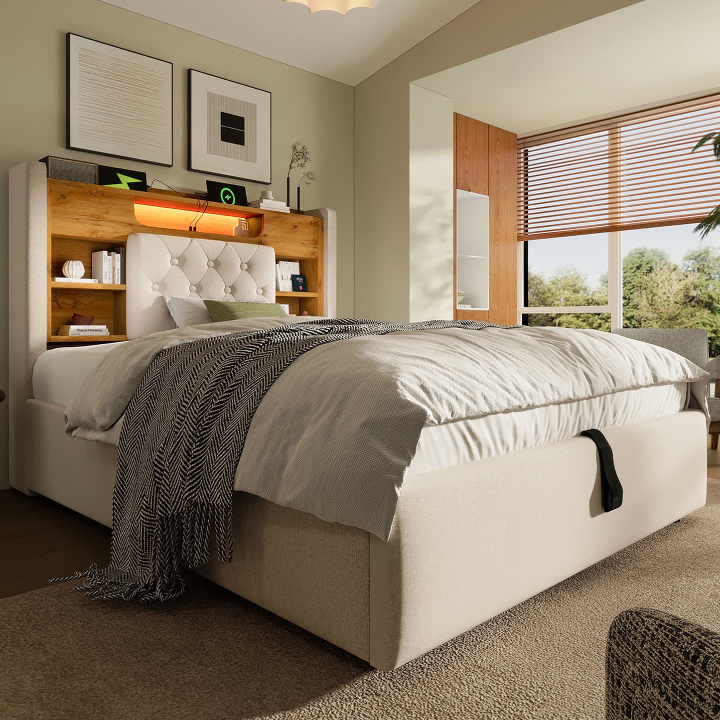 Upholstered Bed 90x200cm With Hydraulic Bed Storage & LED Lighting, Bed Frame With USB Type-C Charging Function, Headboard With Shelf & Storage Space, Linen Fabric, Beige Without Mattress