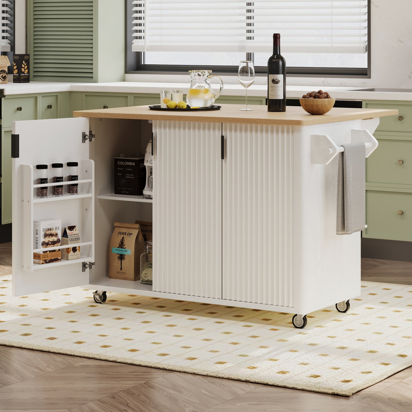 K&K 51  Fluted Kitchen Island With Drop Leaf, Farmhouse Accent Kitchen Island On Wheels With Internal Storage Rack, Rolling Kitchen Cart With Towel Rack For Kitchen, Dining Room, White Ash