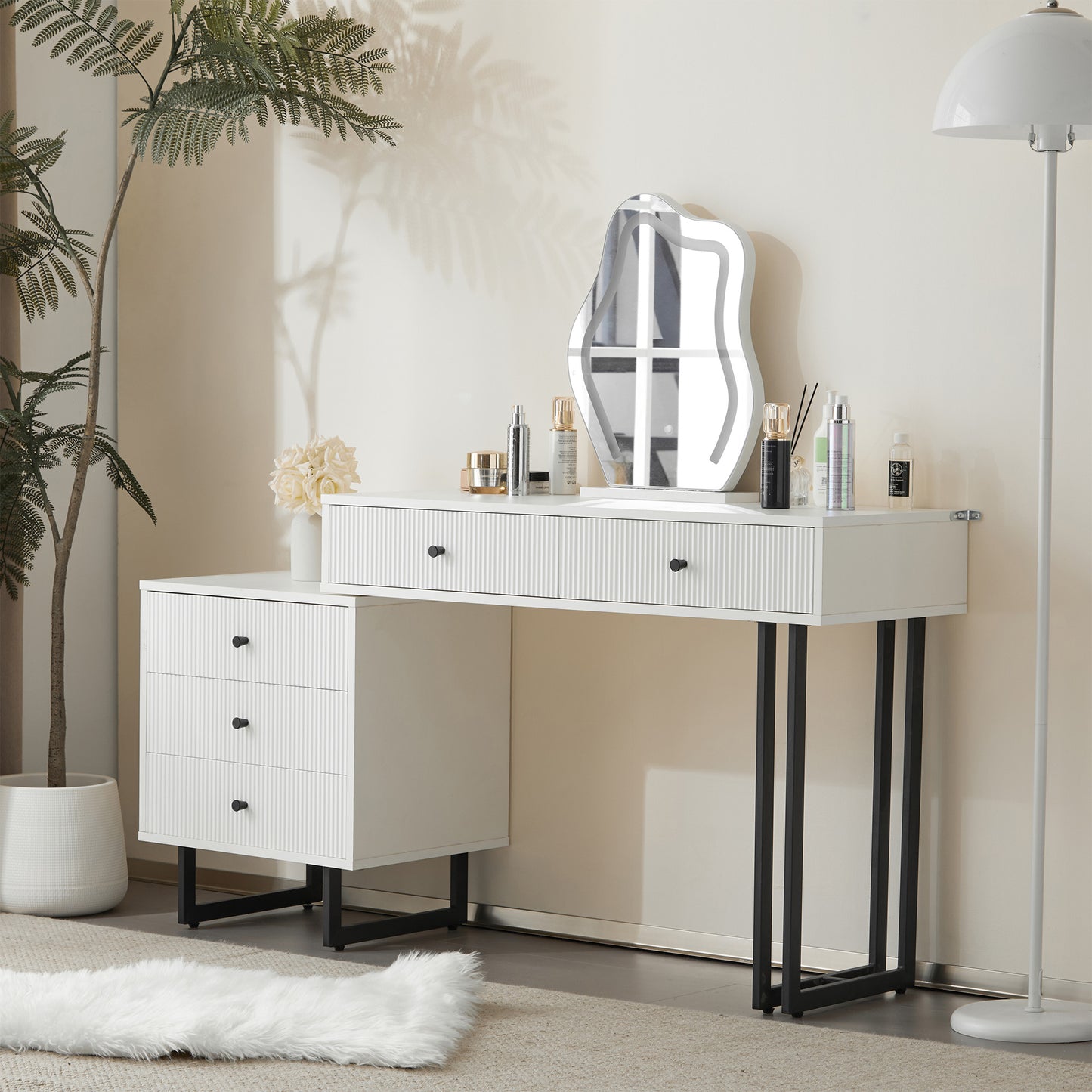 Dressing Table, Cosmetic Table Set With Mirror And Lighting, Extendable Table Top, 3-Colour LED Lighting, Dimensions W100 H76 D40 Cm  Without Stool Old N657P19282830W
