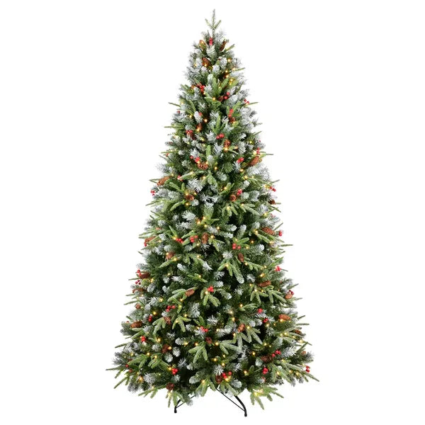 Artificial 7ft Green LED-lit Christmas Tree With 2178PE/PVC Mixed Branch Tips,Red Fruit And Pine Cone,Hinged Premium & Foldable Base For Indoor Holiday Decorating