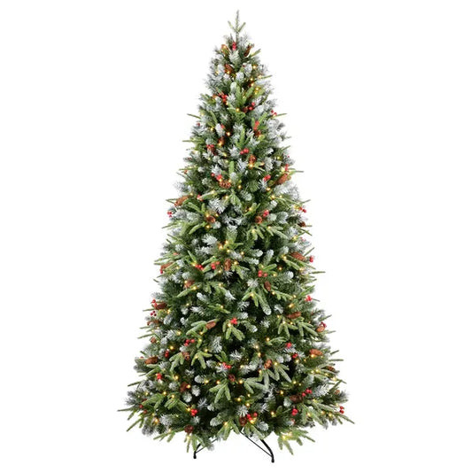 Artificial 7ft Green LED-lit Christmas Tree With 2178PE/PVC Mixed Branch Tips,Red Fruit And Pine Cone,Hinged Premium & Foldable Base For Indoor Holiday Decorating