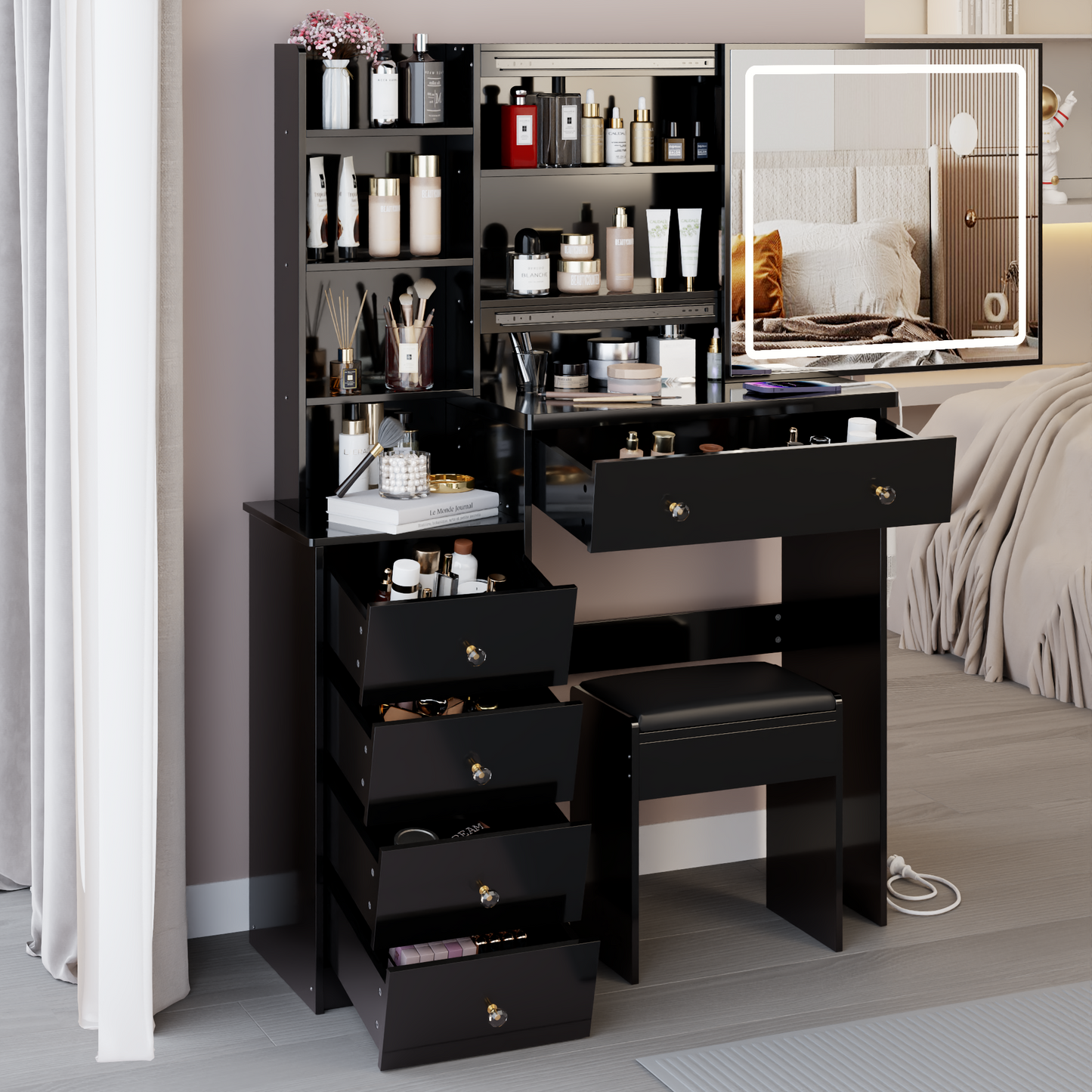 37 Middle Size Left Bedside Cabinet Vanity Table  Cushioned Stool Dresser Set, 2 AC -2 USB Socket, Hair Dryer Stand, Large Touch Control LED Sliding Mirror, 3-color Switch, EPA, GCC, UL Certificate