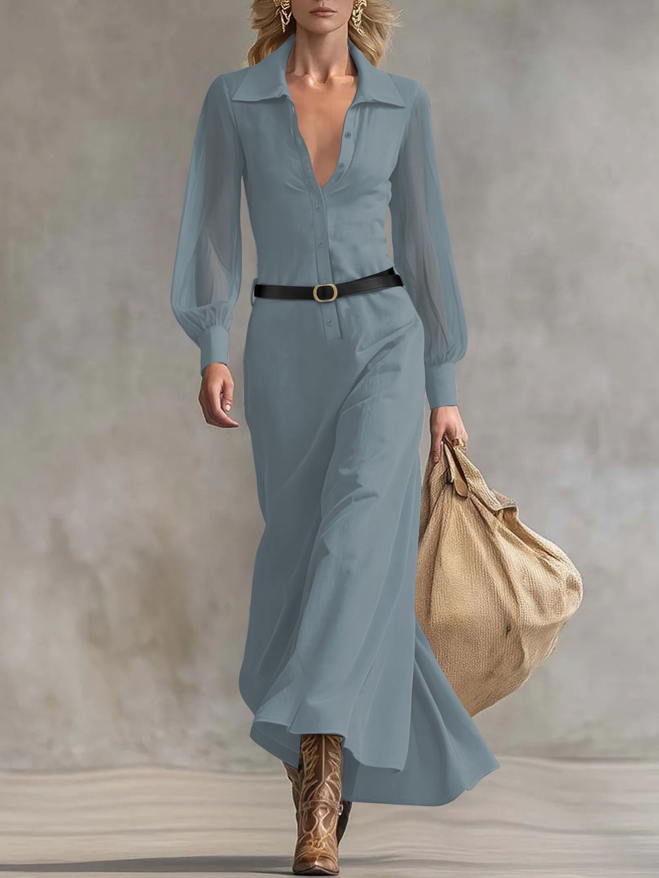 Women's Collared Neck Sheer Puff Sleeve Button Front Belted Maxi Shirt Dress Elegant Office Wear Maxi Dress