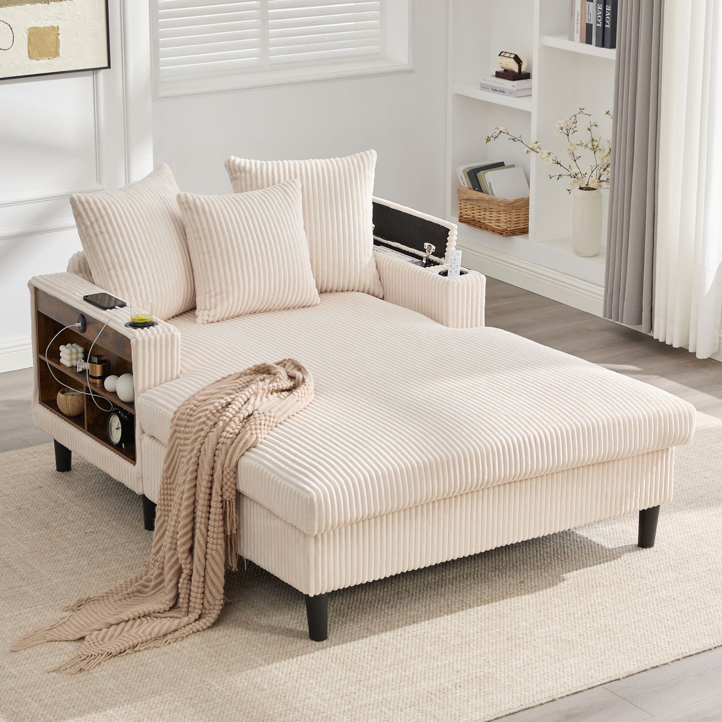 Multifunctional Corduroy Lounge With Chaise Longue With Large Lying Surface, Cup Holders On Both Sides, LED Lighting, Side Pocket, Storage Space, USB Charging Port, Sturdy Plastic Feet  Versatile