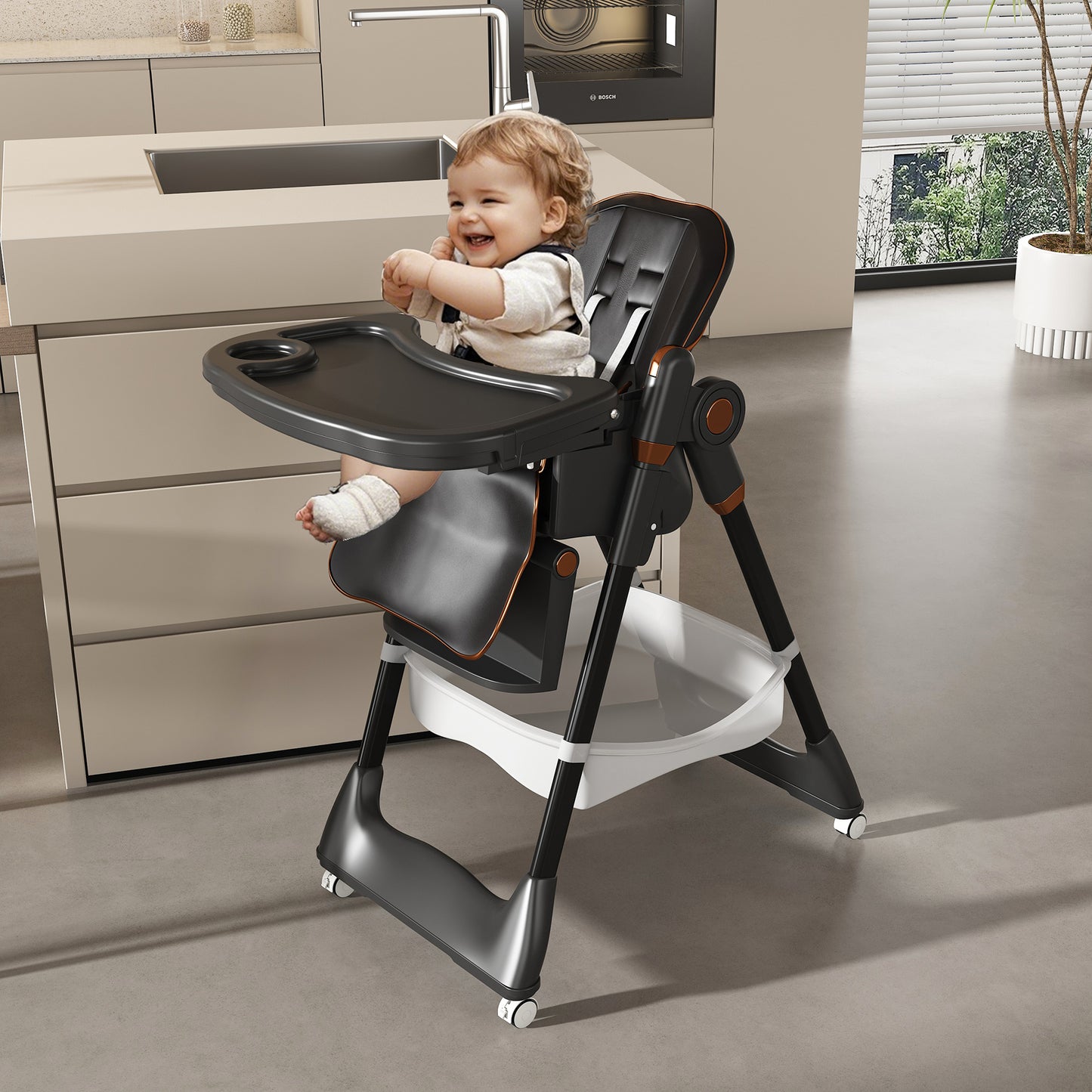 Adjustable Baby High Chair 0-6 Years -Portable Infant Feeding Seat With Safety Belt, Silent Lockable Wheels & Easy-Clean Design For Home, Dining, Living Room, Bedroom  Black