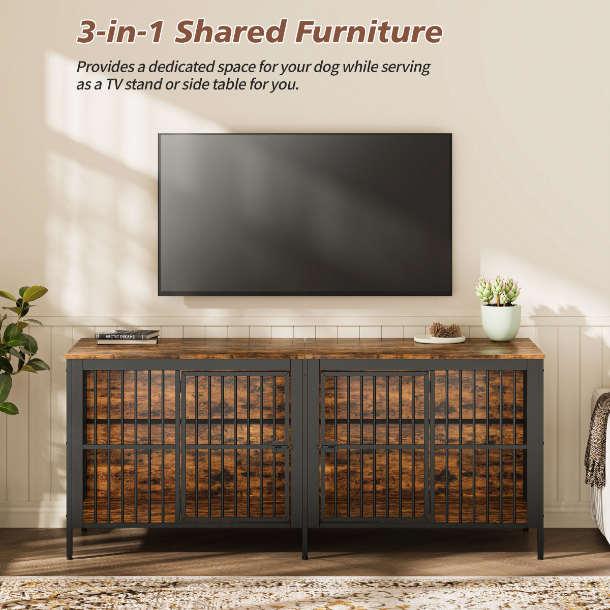 80  Dog Crate End Table, Heavy Duty 2-Door Indoor Pet Kennel, Multipurpose Dog House Furniture As TV Stand Or Side Table For Living Room, Large & Medium Dogs. Rustic Brown