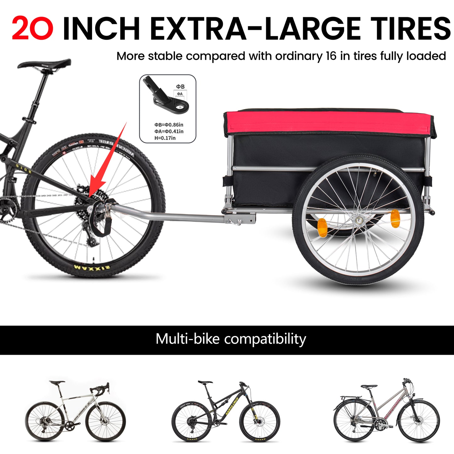 Foldable Bicycle Bike Cargo Trailer With 20 Wheels, Removable Cover, Folding Frame Quick Release, Bike Cart Bike Wagon Trailer For Luggage, Tools, Groceries. Black Red
