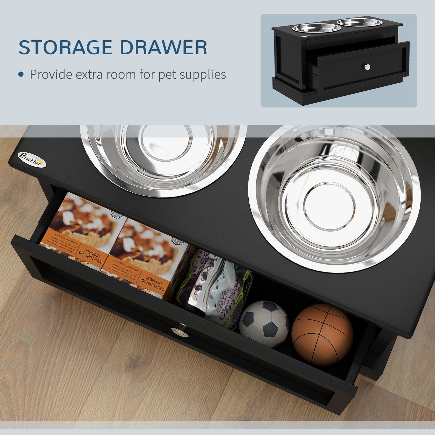 Elevated Dog Bowls with Storage Drawer, Raised Dog Bowl Stand Pet Food Bowl Dog Feeding Station, Black