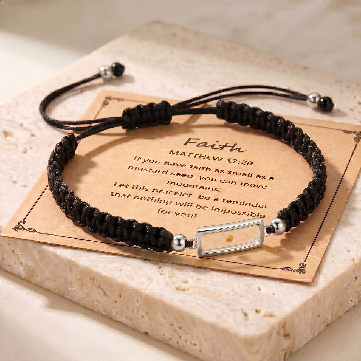 Real Mustard Seed Faith Bracelet, Adjustable Braided Nylon Cord Bracelet For Women Men, Stainless Steel Religious Christian Gift With Scripture Card