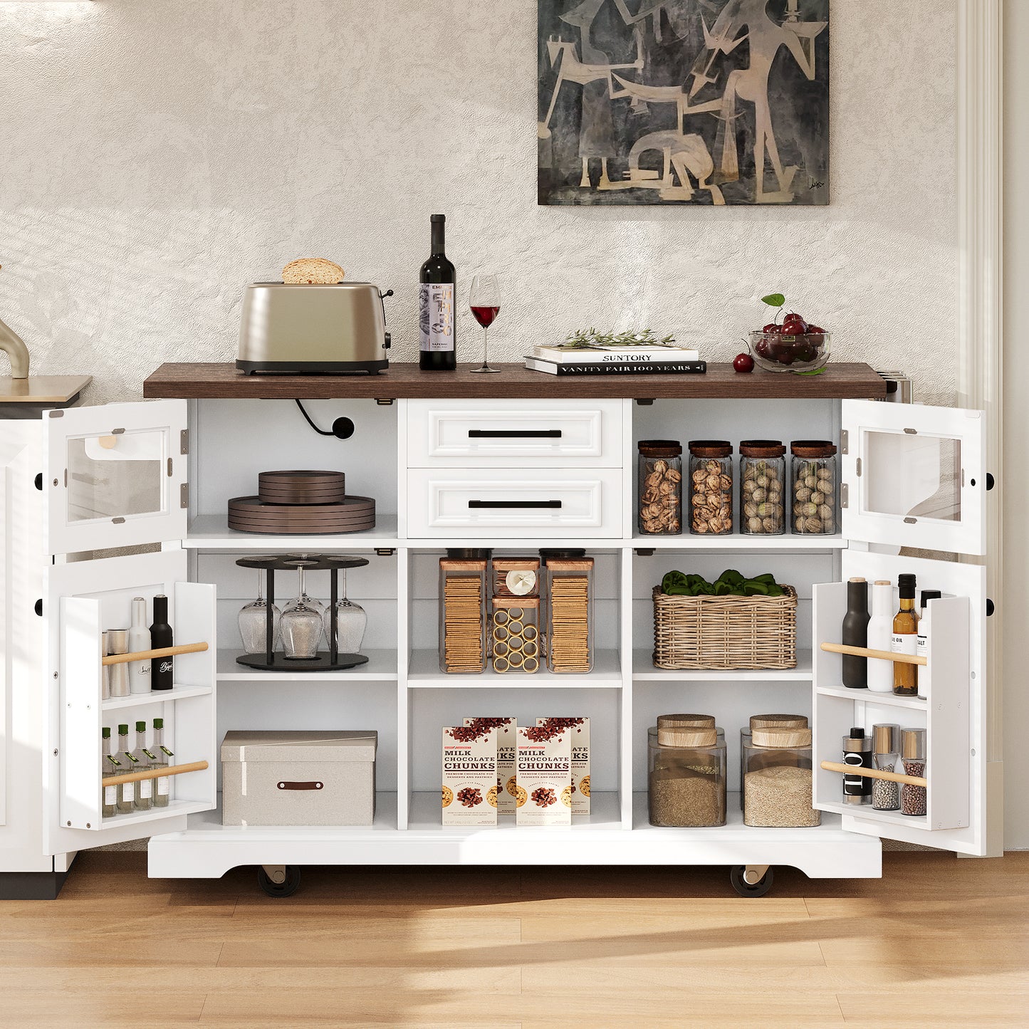 K&K 54.9  Kitchen Island With Drop Leaf, Power Outlet, Kitchen Storage Cart With 4 Door Shelves, Cross Barn Doors & Visual Glass Door, Rolling Kitchen Island On 4 Wheels For Kitchen, Dining Room,White
