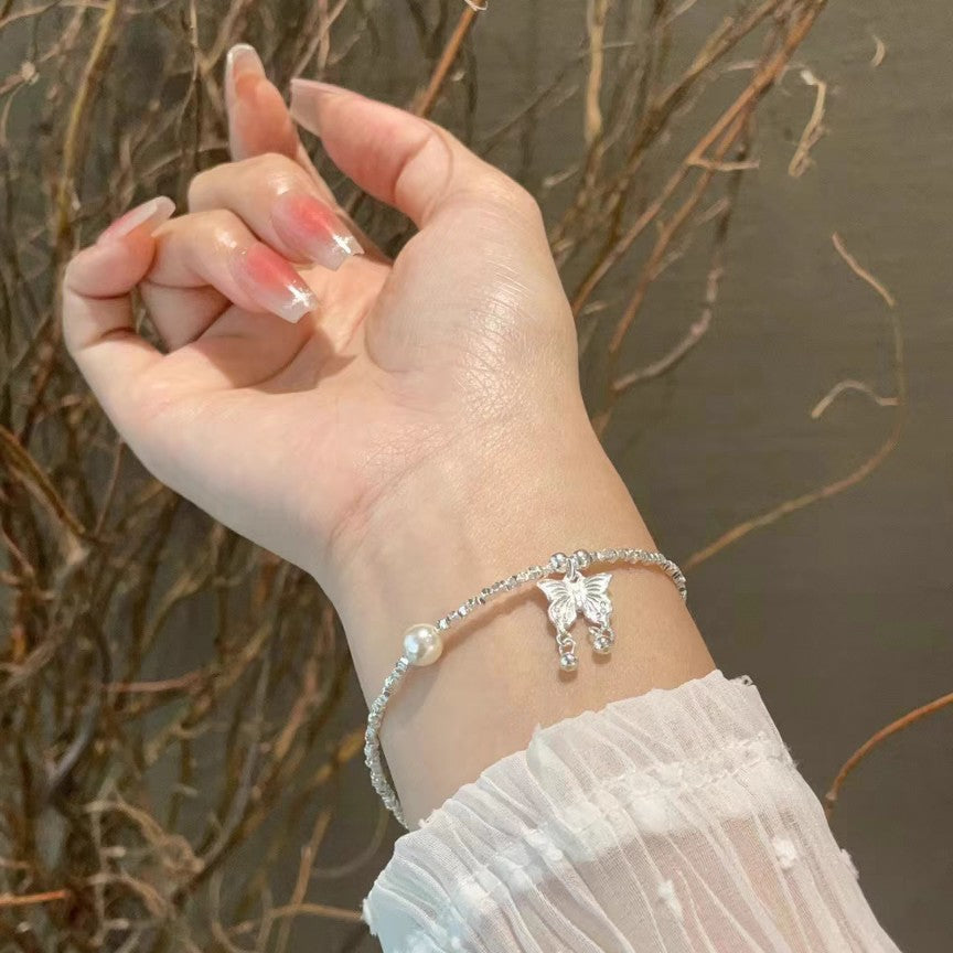 1pc 999 Sterling Silver Butterfly & Pearl Bracelet, Delicate Style, Perfect For Daily Wear And Valentine's Gift