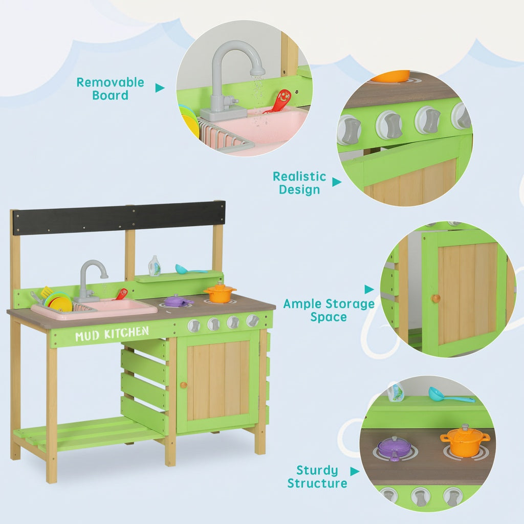 Kids Play Kitchen, Wood Mud Kitchen With Water Play Set & Cooking Toys For Outdoor, Gift For 3-8