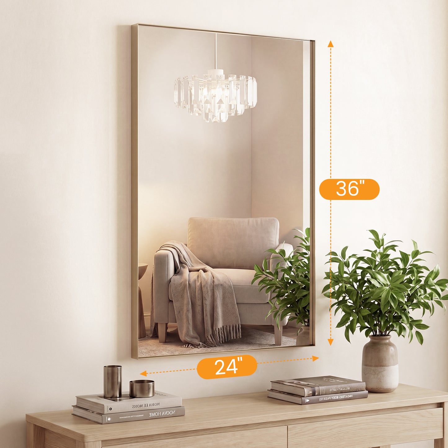 Bathroom Mirror, With Brushed Aluminum Frame, Rectangular Design, Square Corners At All Four Sides, Suitable For Wall Decoration In Home.