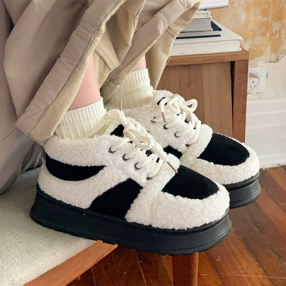 Korean-style Color-Block Lambswool Casual Sneakers AutumnWinter Cotton Boots