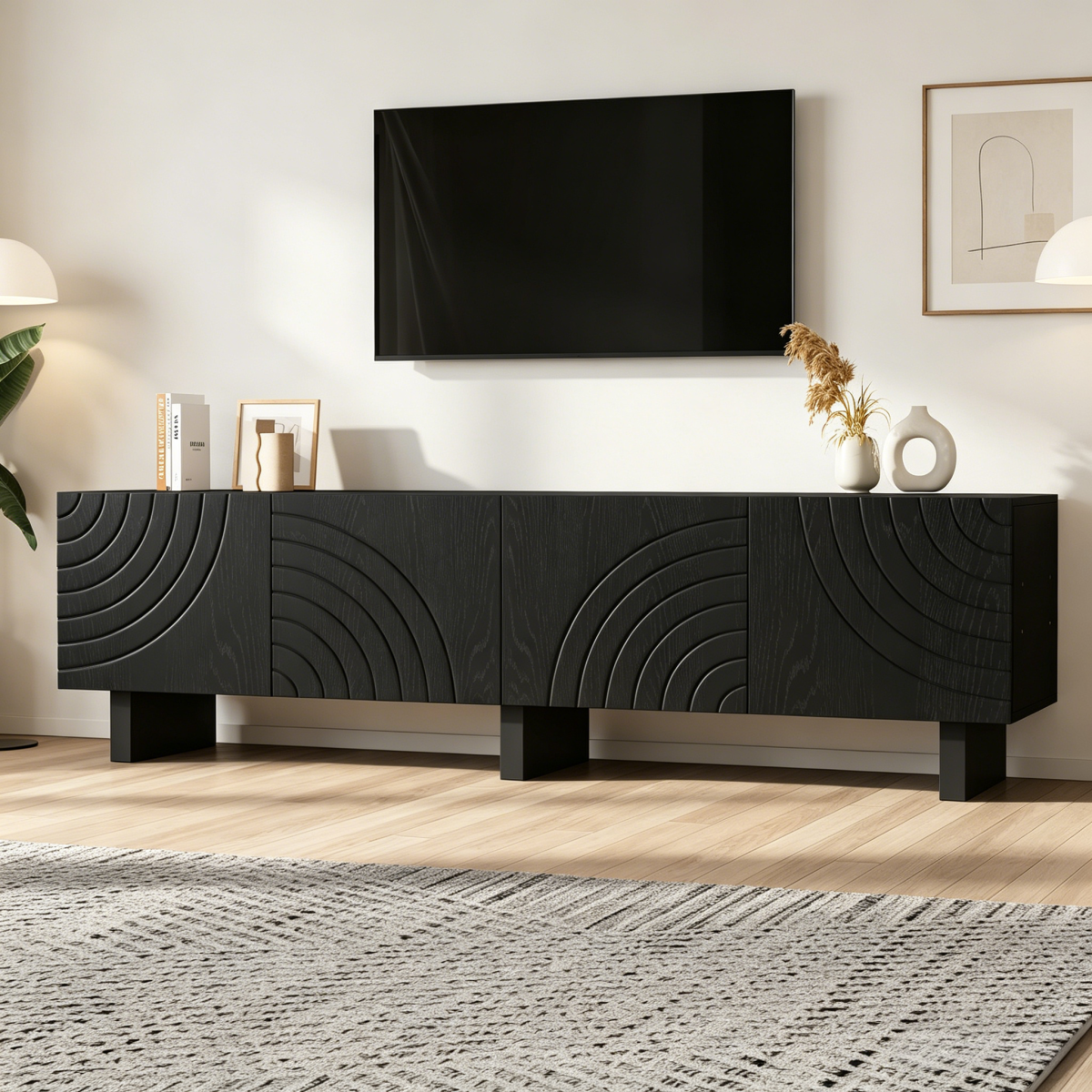 Black TV Stand Made Of Chipboard, Modern Lowboard With Structure For Living Room, TV Cabinet With 4 Doors, TV Mount, Storage Cabinet. Suitable For 75-inch TVs.