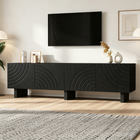 Black TV Stand Made Of Chipboard, Modern Lowboard With Structure For Living Room, TV Cabinet With 4 Doors, TV Mount, Storage Cabinet. Suitable For 75-inch TVs.