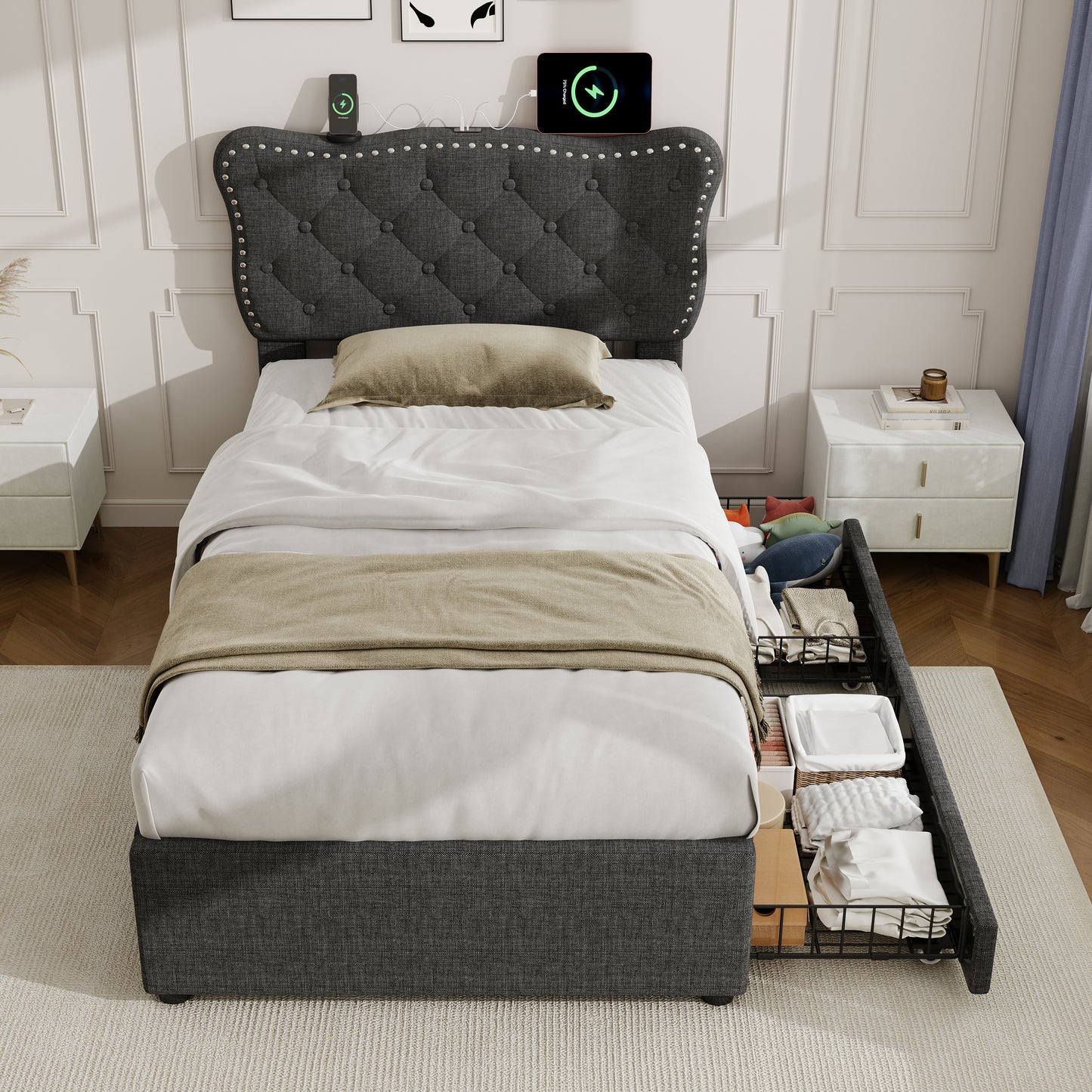 3ft Single Upholstered Bed With Rivet Design And Charging Station, Two Storage Drawers, Adjustable Button Tufted Headboard With USB & Type-C Ports, No Box Spring Needed, Linen, Grey  No Mattress