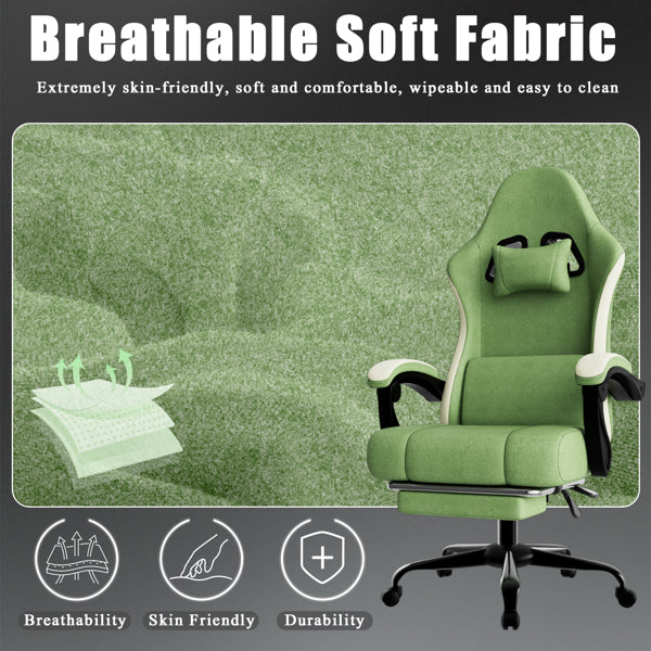 Ergonomic Gaming Chair With Pocketed Spring Cushion, Breathable Fabric Computer Chair With Footrest, Adjustable Lumbar Support Video Game Chair For Adults, Green