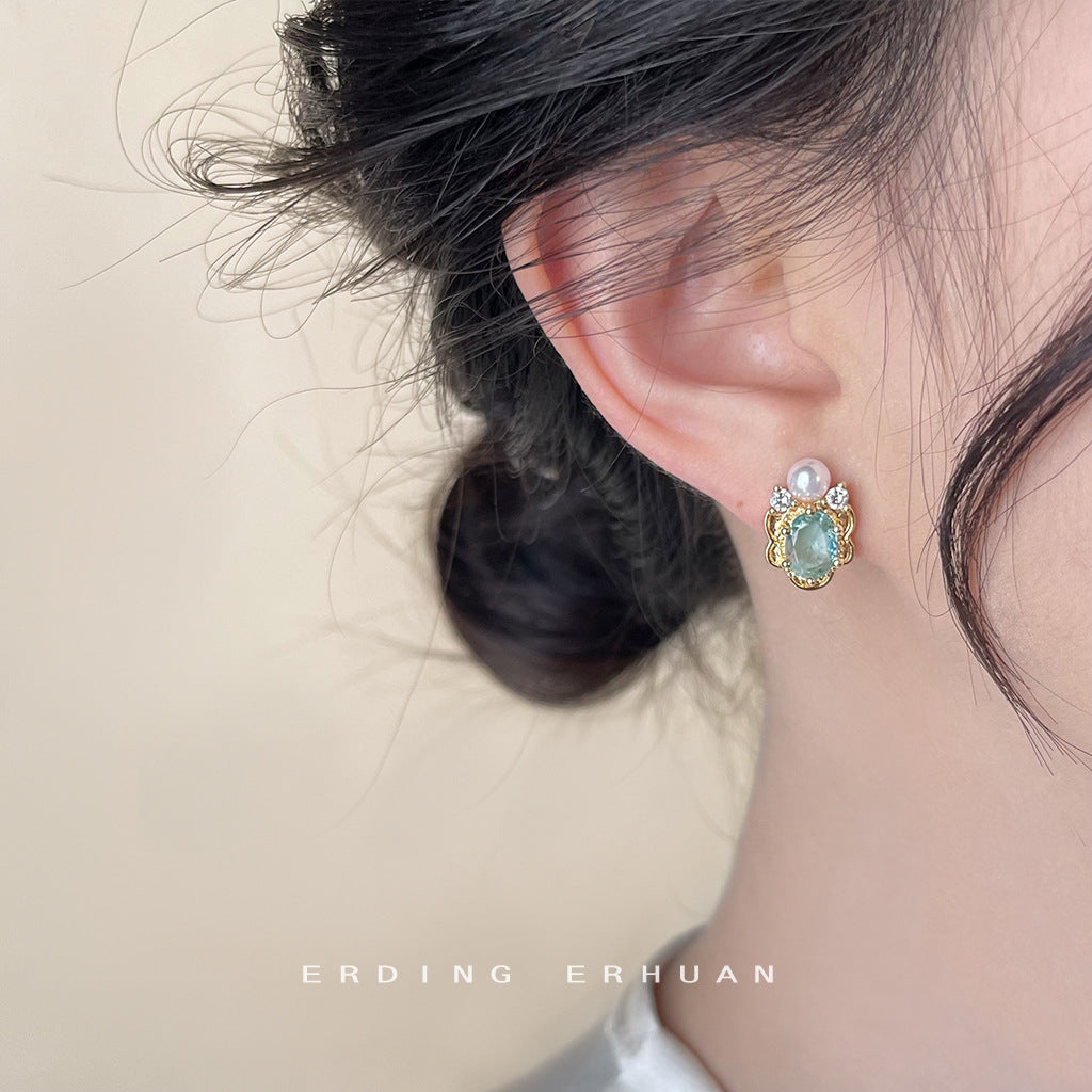 New Aquamarine 14K Gold Plated Micro Paved Zircon Stud Earrings, Literary Vintage Creative Design Versatile Daily Commute Fashion Ear Jewelry