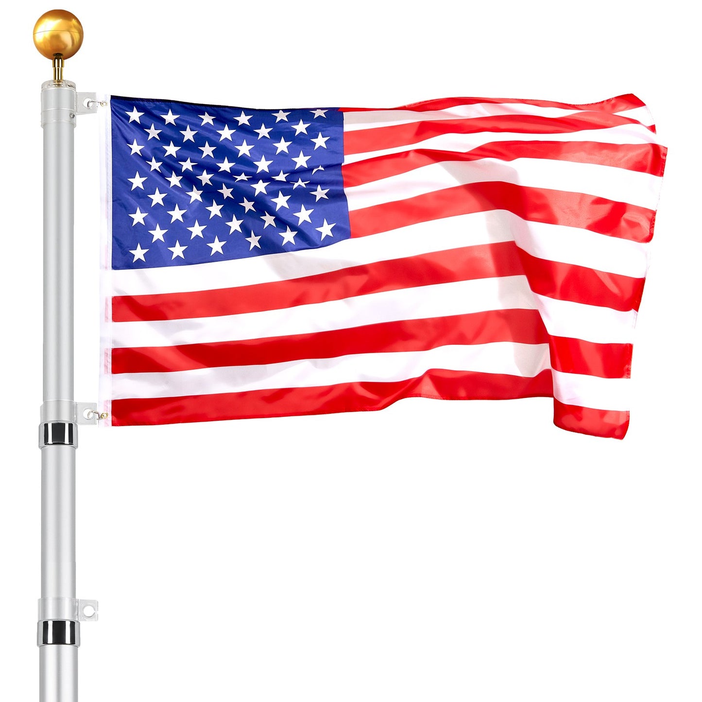 20FT Telescoping Flag Pole Kit, Heavy Duty Aluminum Alloy In Ground Flag Poles For Outside, 3 Display Modes Flagpole With 3x5 American Flag, Professional Accessories, Silver