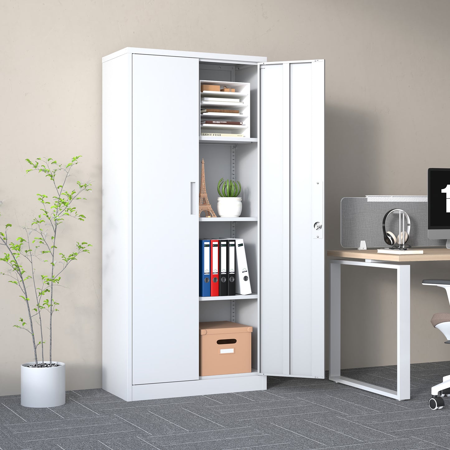 71 H Metal Garage Storage Cabinet, White Tool Steel Locking Cabinet With Doors And 3 Adjustable Shelves, Tall Cabinets For Garage Storage Systems Lockable File Cabinet For Home Office,Classroom,Pantry