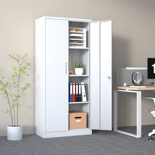 71 H Metal Garage Storage Cabinet, White Tool Steel Locking Cabinet With Doors And 3 Adjustable Shelves, Tall Cabinets For Garage Storage Systems Lockable File Cabinet For Home Office,Classroom,Pantry