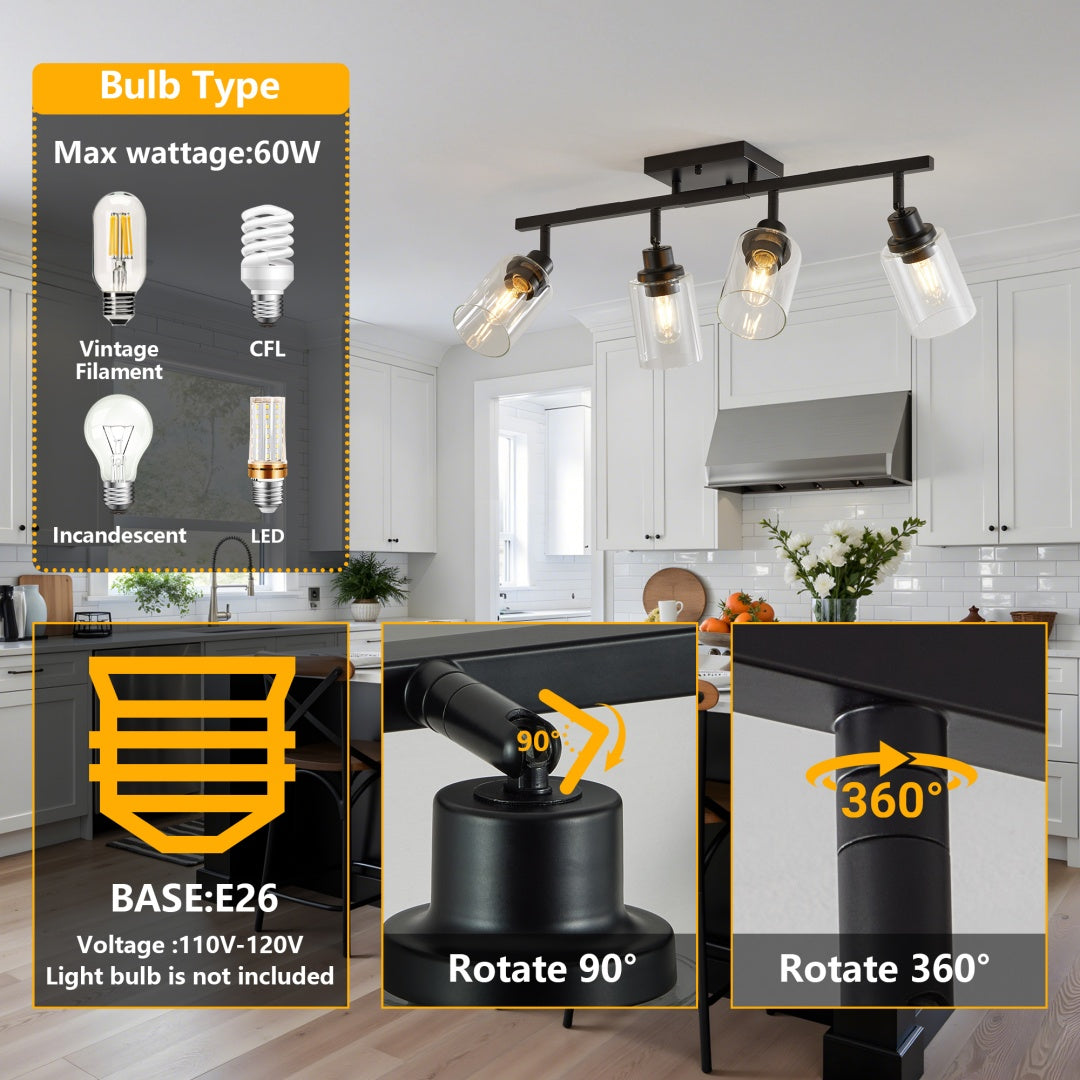 4-Lights Track Lighting Fixtures Ceiling With Clear Glass Shades, Modern Black Semi Flush Mount Ceiling Light, Rotatable Wall Mount Ceiling Lamp For Kitchen Hallway Bedroom Bulb Not Included