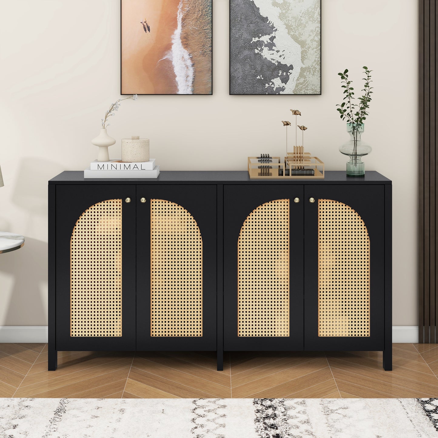 Modern Minimalist Style Sideboard 4 Rattan Door, Metal Handle Simple Buffet Cabinet For Dining Room, Living Room, Kitchen Black