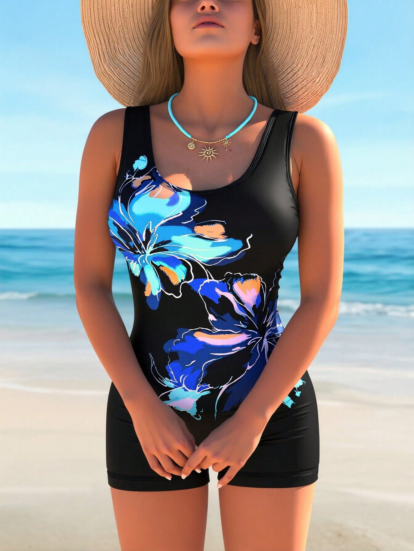 2026 New Black Base With Blue Floral Print One-Piece Boyleg Swimsuit, Scoop Neck Tummy Control Sport Bathing Suit