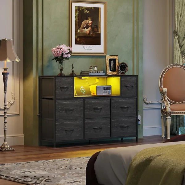 Dresser TV Stand For 45, 50, 55 Inch TV, Entertainment Center With LED Lights & Charging Station, Chest Of Drawers With 8 Fabric Drawers And Open Shelves For Living Room, Hallway, Wood Top