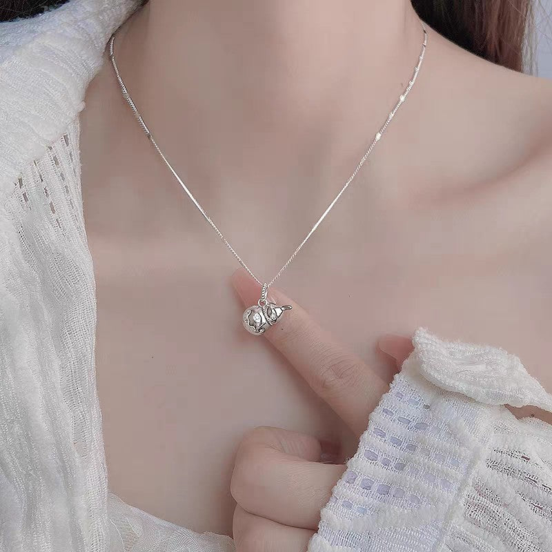 1pc 999 Sterling Silver Diamond Gourd Necklace, Lucky Retro Style, Perfect For Daily Wear And Valentine's Gift