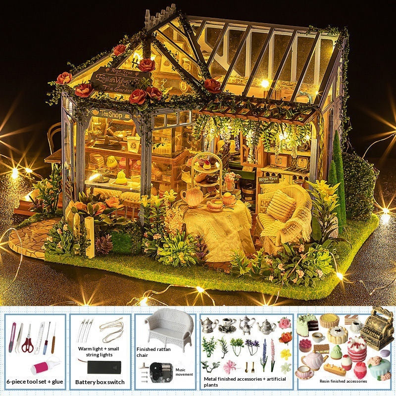 DIY Cottage Craft Assembled Rose Garden Tea House Puzzle Toy