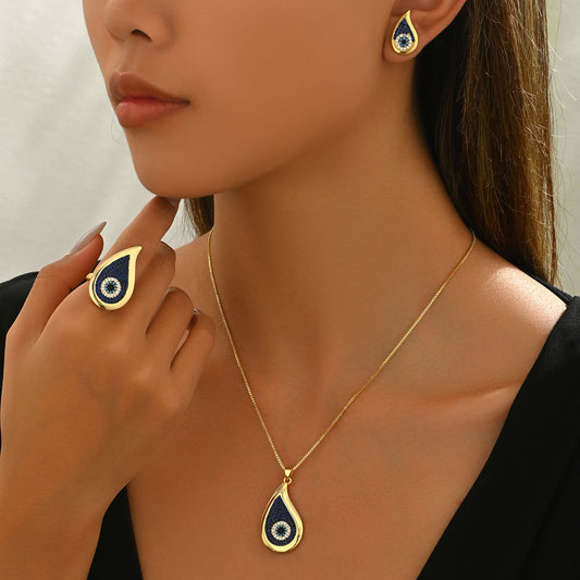 Best Selling Cross-border Women Jewelry Set, Unique Hip Hop Evil Eye Design Matching Earrings, Long Pendant Necklace & Ring, Premium Versatile Daily Ornaments For Ladies