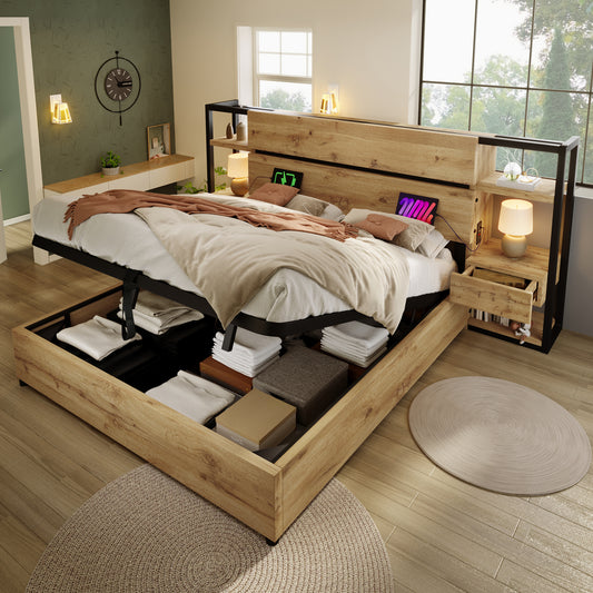 Wooden Bed Double Bed 160X200cm, Hydraulic Storage Bed, Storage Headboard With Drawers And USB&Type-C Charging Port, Bed Frame With Wooden Slats, Oak Colour  Without Mattress .