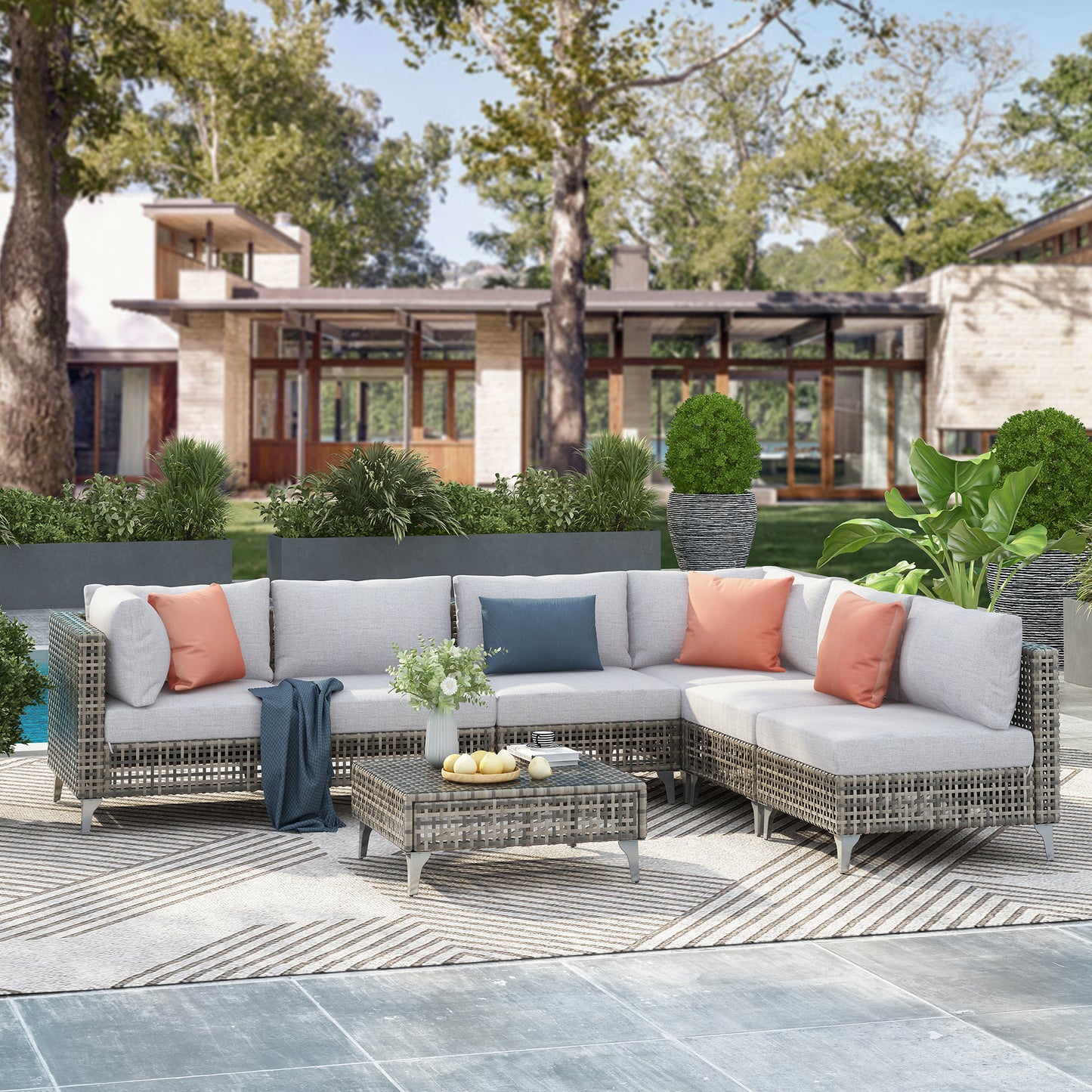 K&K 7-Piece Wicker Patio Furniture Set, Outdoor Conversation Set Sectional Sofa With Water Resistant Grey Thick Cushions And Coffee Table For Outdoor Couch, Porch, Backyard - Grey