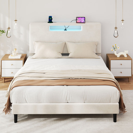 Full Size Upholstered Bed Frame With High Headboard Adjustable LED Lights Charging Port Wood Slat Support Platform Bed Frame With Storage Function No Box Spring Needed Easy Assembly