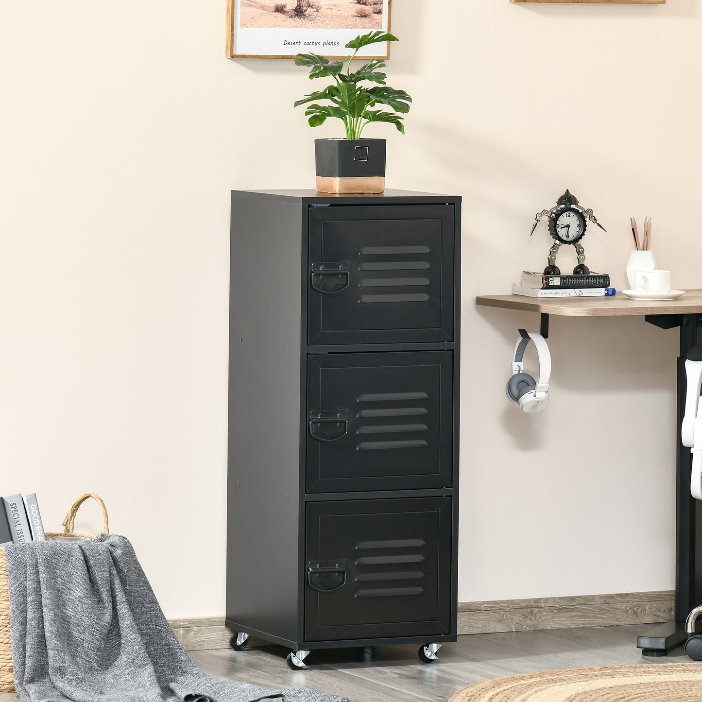 Rolling Storage Cabinet 3-Tier Mobile File Cabinet With Wheels & Metal Doors For Home Office, Living Room, Black