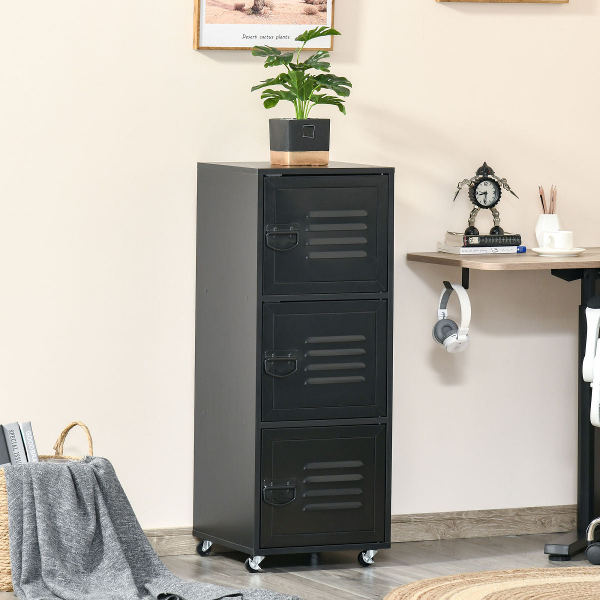Rolling Storage Cabinet 3-Tier Mobile File Cabinet With Wheels & Metal Doors For Home Office, Living Room, Black
