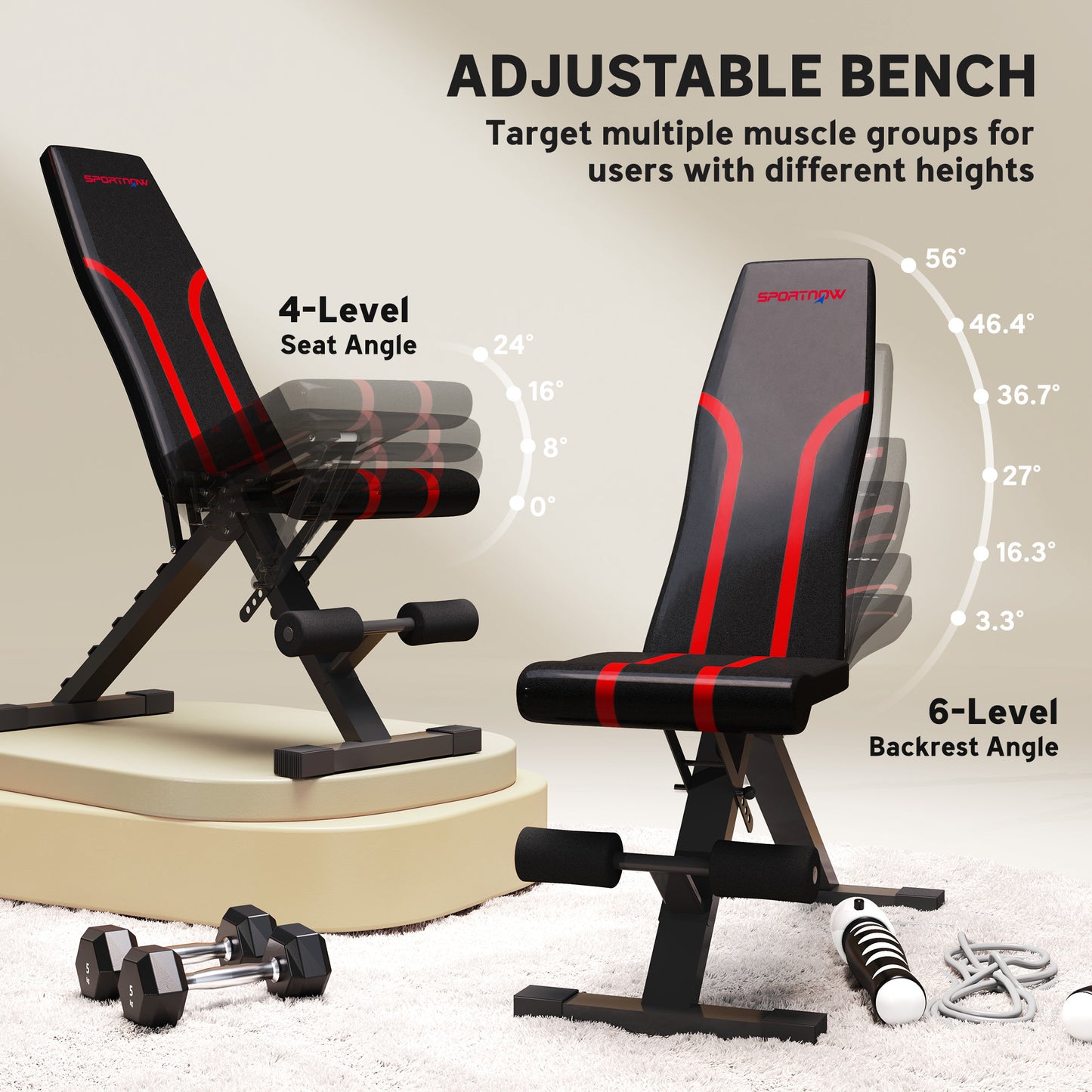 SPORTNOW Foldable Weight Bench, Adjustable Incline Flat Bench Press With 6-Level Backrest, 4-Level Seat, Leg Extension For Home Gym Workout Full Body Strength Training
