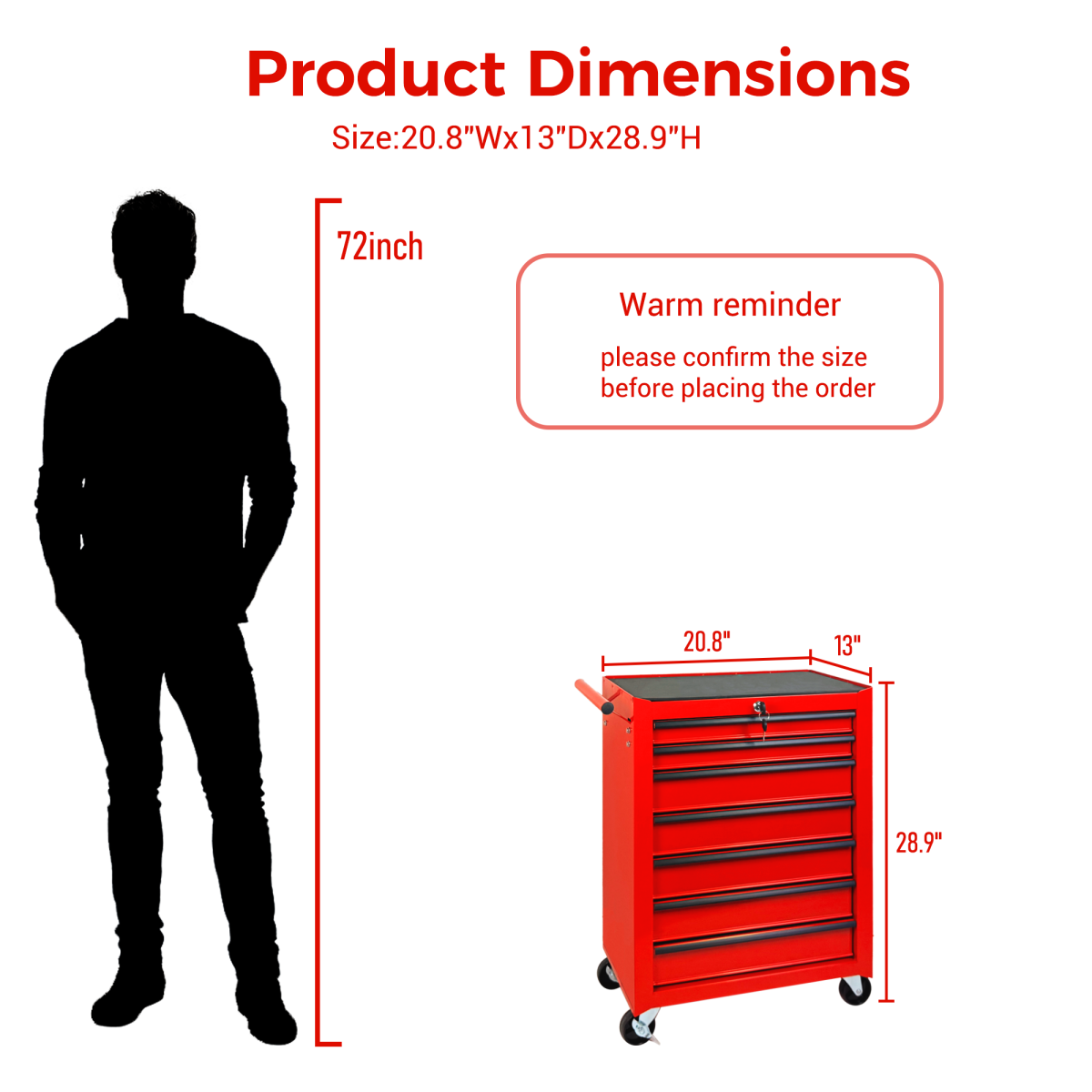 Rolling Metal Tool Chest With 7 Drawers, 20inch 7-Drawer Tool Chest Cabinet With Ball Bearing Drawer Slides, Steel Tool Storage Box Organizer -RED