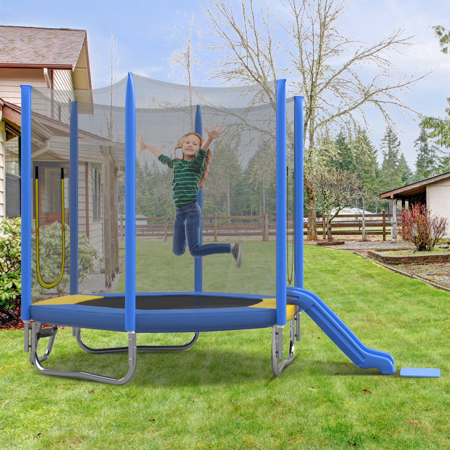 7FT Trampoline For Kids With Safety Enclosure Net, Slide And Ladder, Easy Assembly ,Regular Hexagon Outdoor Recreational Trampoline, Blue