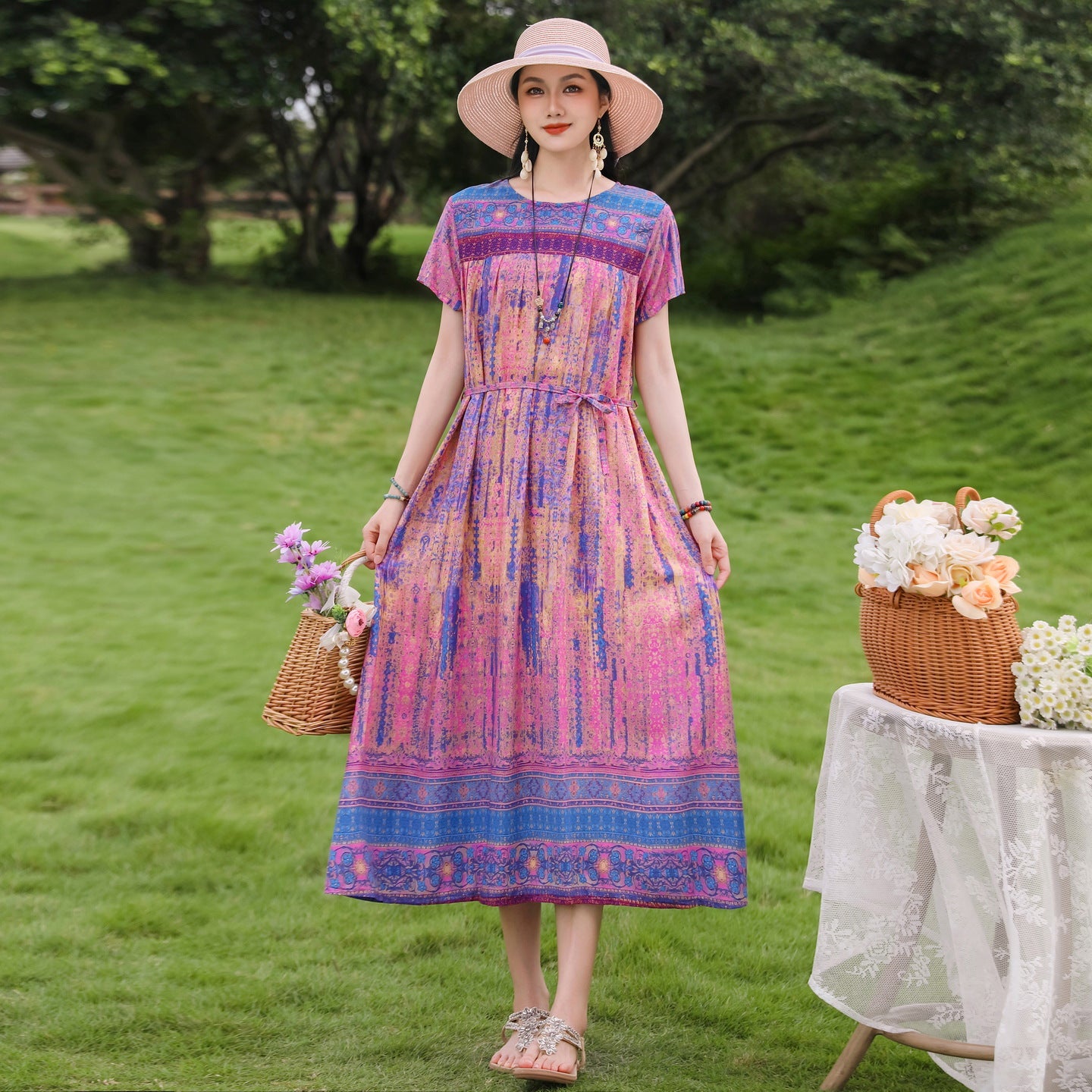New Elegant Cotton Silk Dress For Middle Aged And Senior Women