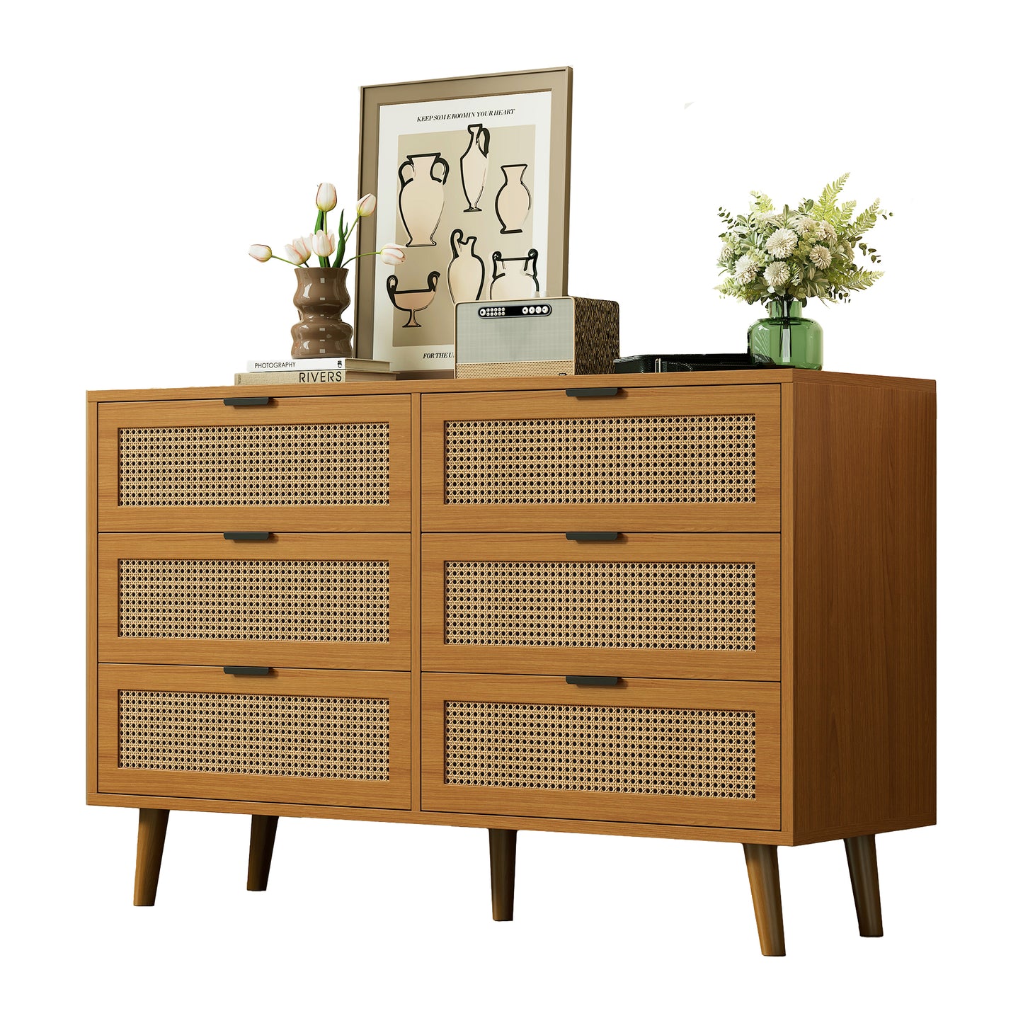 Dresser With 6 Drawers, Wooden Sideboard Drawer Cabinet, Drawer Dresser With Metal Handles, For Bedroom, Living Spaces, Office, Sideboard Highboard With Lots Of Storage, Dimensions W120 H76.5 D40 Cm
