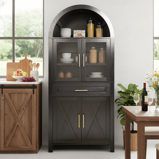 71  Tall Arched Kitchen Pantry Cabinet With Glass Door, Farmhouse Storage Pantry Cabinet With Adjustable Shelves & Barn Door Design For Kitchen, Living & Dining Room, Black